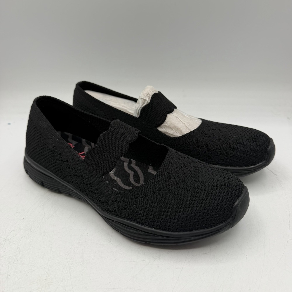 Skechers Seager Power Hitter Shoes Womens Sz 7 Black Knit Mary Jane Flats 49622